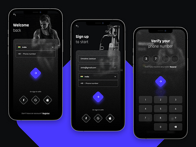 Hustl Fit - Dynamic Fitness App (Login Flow) app bodybuilding cardio colors exercise figma fitness gym health login onboarding otp personal care personal trainer signup ui ux weight workout