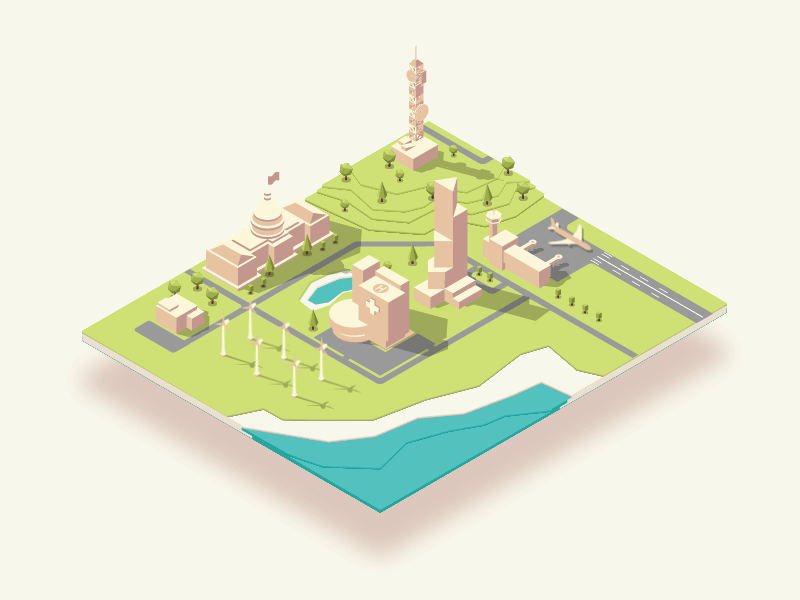 Isometric Building building goverment hospital tower turbine wind airport animatoin isometric city
