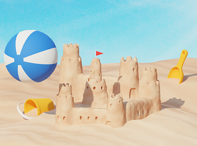 Sand Castle 3d beach blender branding bucket cartoon castle illustration sand shovel ball sun vector