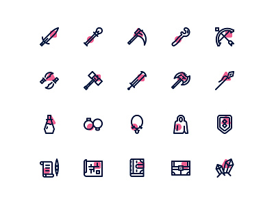 Rpg Game Iconset blue design dungeon filled game icon iconography icons iconset line magenta minimalist outline rpg shield swords