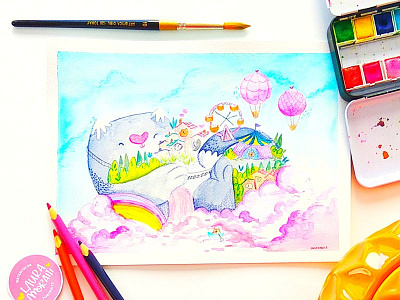 Fantasy scene "Cat Island" watercolor