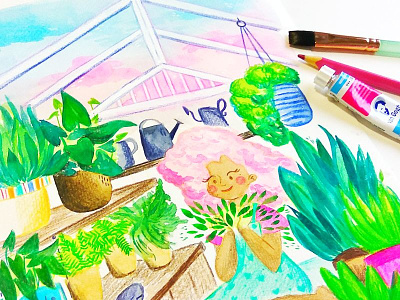 Greenhouse Magic Watercolor Illustration character design fantasy greenhouse illustration illustrator pastel plants scene watercolor