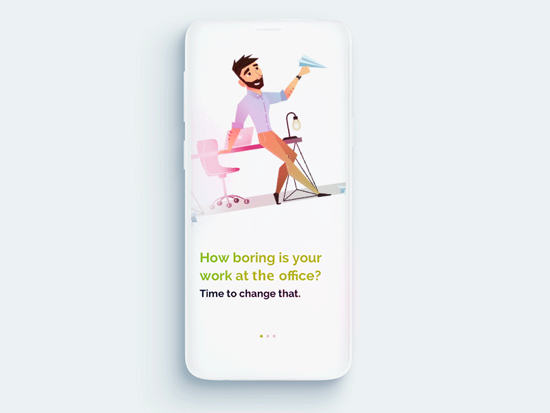 Boring app office onboarding animation android animation animation 2d character gif illustration interaction design ios iphone mobile onboadrding ui ukraine ux web