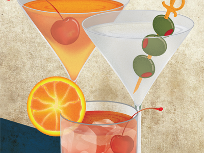Cocktails cherry cocktail drinks illustration manhattan martini old fashioned olive orange sword vintage