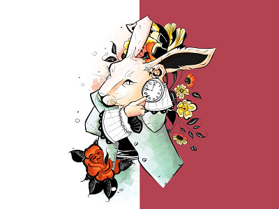 White Rabbit clip studio paint design floral design illustration photoshop print rabbit time tshirt wonderland