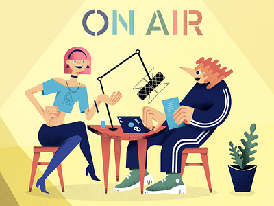 ON AIR characters color digital illustration laptop microphone people plant podcast raster sketch talk show type vector
