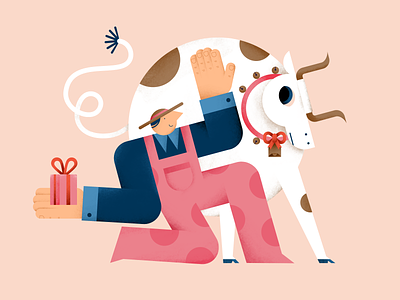 Welcome Mr. 2021 animal bell bull characterdesign color design digital flat friends illustration new year pattern people present vector