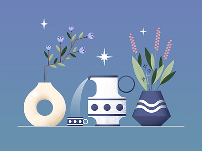 Pottery and flowers blossom color design digital flat flowers greens illustration pattern plants pottery stars vase vector water watering can