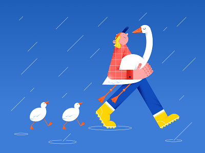 I got a goose! birds boots cap characterdesign color design digital flat goose hands illustration pattern people rain vector