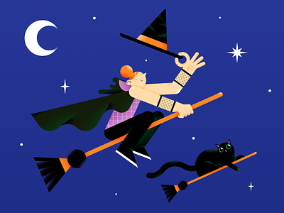 Happy Halloween 2021 2021 broom cat color design digital flat halloween hat illustration night pattern people vector witch