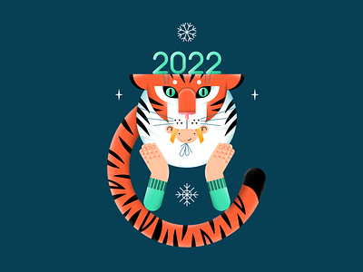 Happy 2022 year! 2022 characterdesign color design digital flat illustration new year numbers pattern people snowflakes stars stripes tiger vector