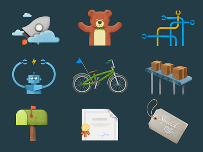 Dream Makers - illustrations bear bike deiv illustrations label license mail postbox robot rocket studio4 web