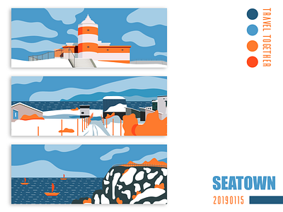 Let's travel together! architechture art blue cloud country house illustration nature orange scene sea sky snow travel