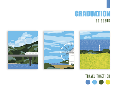 Let's travel together!Graduation season~ blue color design graduation graphic green illustraion lighthouse mountain sea train windmill yellow