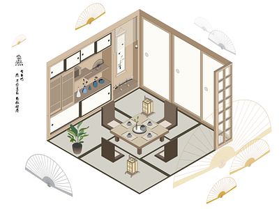 Japanese style indoor tea house 2.5D 2.5d decoration illustration indoor interior design japan relax tea