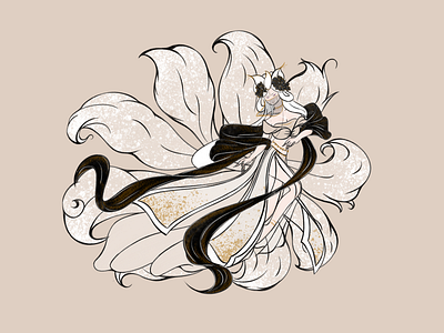 Fox with nine tails: A beautiful Chinese fairy black and white character chinese culture fairytale fox game goblin illustration imagination style 九尾狐