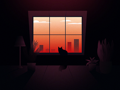 The city wakes up cat illustration illustrator sunrise window