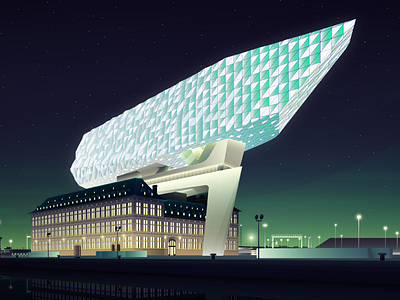 Port House - Antwerp, Belgium architecture art digitalart futuristic glow gradient illustration lights neon night vector zahahadid