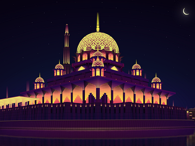 Putra Mosque - islamic landmarks architecture art digitalart futuristic glow gradient illustration lights night vector