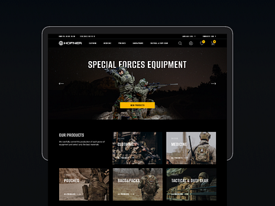 Redesign of the online store of tactical equipment animation army black dark e commerce ecommerce military online shop online store ui ux weapon webdesign yellow