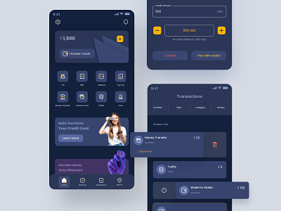 Dark Digital Wallet - EMV app bills credit card dark design finance fintech mobile mobile app money qr code toll transactions ui ui design uiux user interface ux ux design wallet