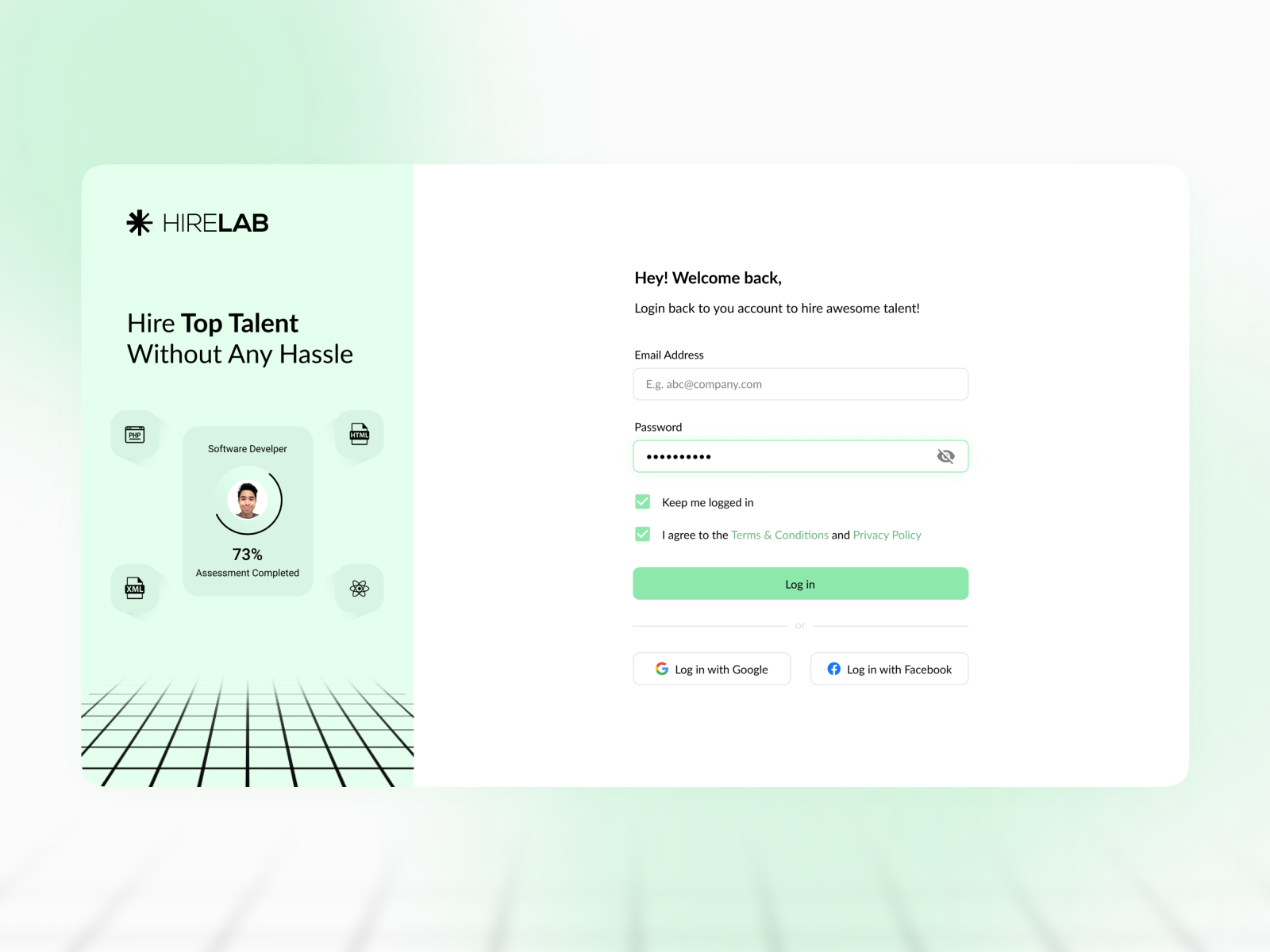 Hirelab Hiring App Login Page by Zain Sajid on Dribbble