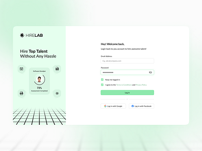 Hirelab - Hiring App - Login Page hire hiring login onboarding product signup ui ux web webdesign