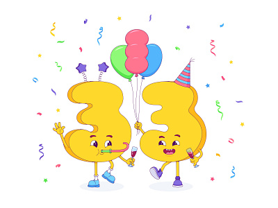 33 🎉 2d 33 artwork balloon birthday cap cartoon character confetti design digital friends happy illustraion number numeral party pipe vector wine