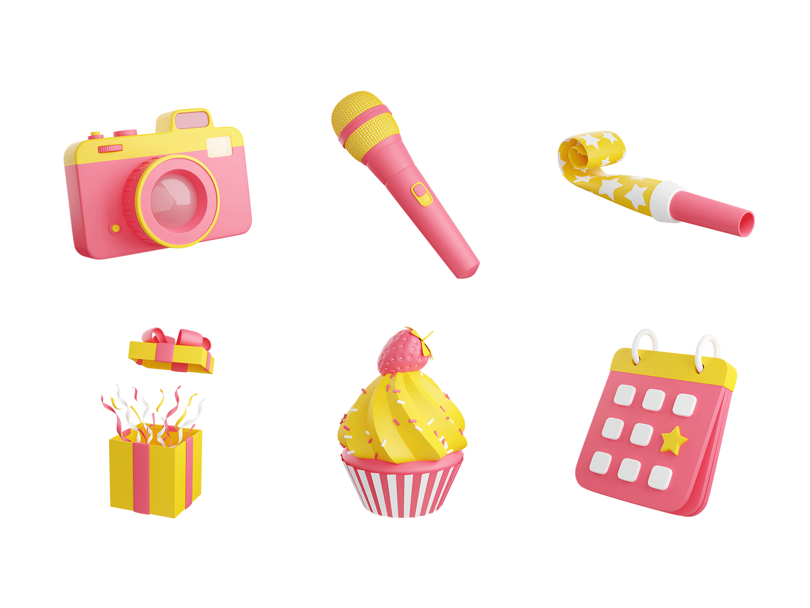 3D Collection: Birthday party Vol. 2 3d 3d art birthday blender blower calendar camera celebrate congratulation cupcake event gift holiday icon illustrator microphone open party photo present