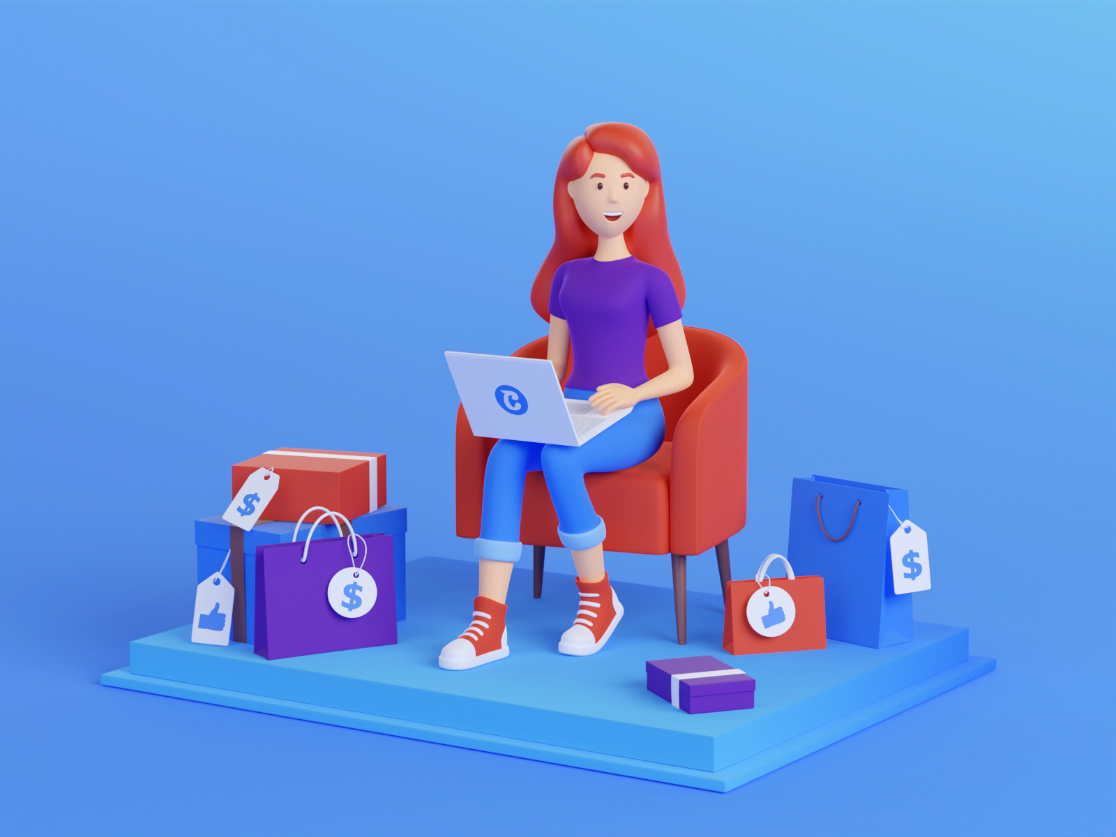 Online shopping at the best prices. 3d 3d art bag blender box chair character design girl illustration laptop online person price tag purchase render shopping woman