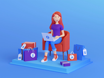 Online shopping at the best prices. 3d 3d art bag blender box chair character design girl illustration laptop online person price tag purchase render shopping woman