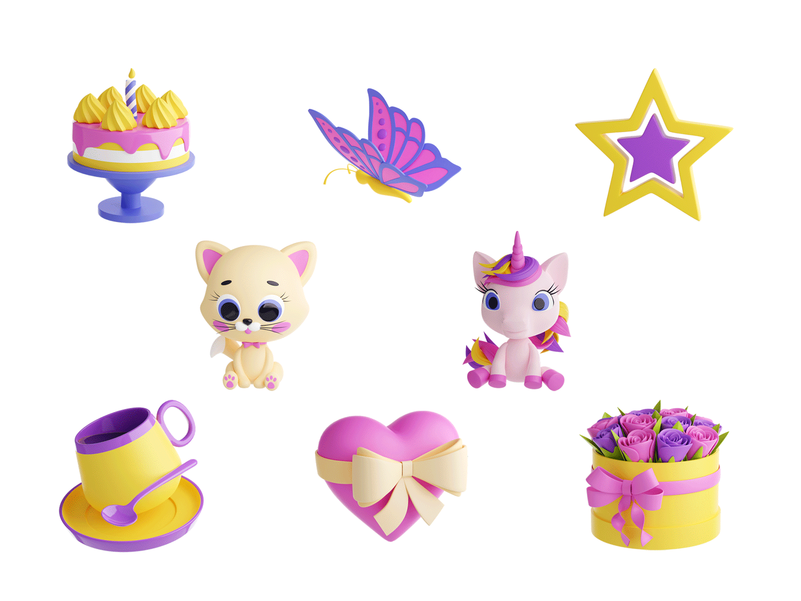 3D illustrations: Gifts collection 3d 3d art birthday blender bow butterfly cake coffee design flower gift graphic design heart icon illustration kitten present rose star unicorn