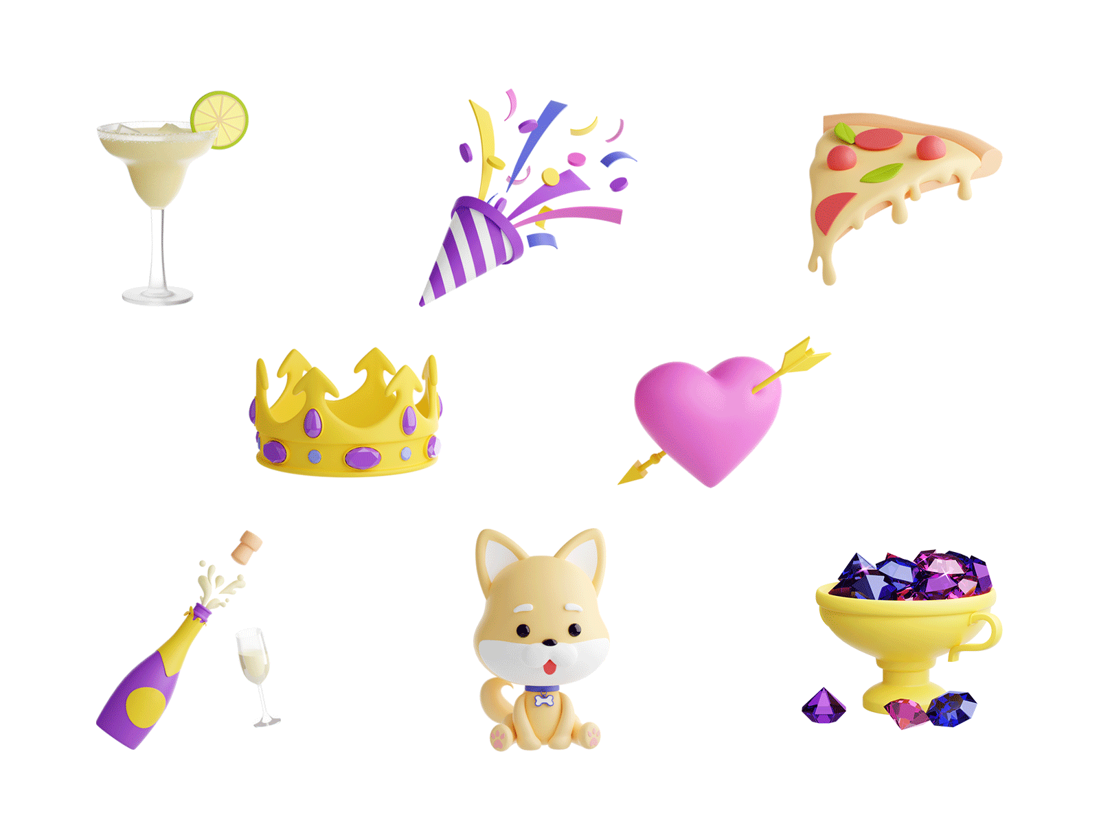 3D illustrations: Gifts collection Vol.2 3d 3d art arrow birthday blender champagne clapper confetti crown cycles design diamonds graphic design heart icon illustration martini party pizza puppy