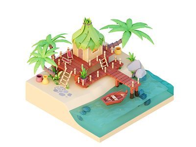 Beach House 3d 3d art beach blender boat cycles design graphic design holiday house illustration ocean palm relax render sea seasand summer travel vacation