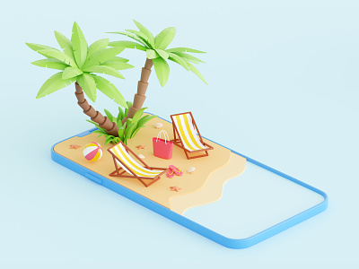 Summer vacation 3d 3d art beach blender cycles design graphic design holiday illustration lounger palm peace phone relax sand slippers summer sunny tree vacation
