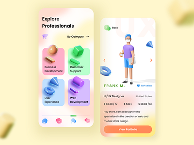 Hire Professionals app 3d concept figma freelance glassmorphism hiring platform humaaans soft ui ui uidesign ux
