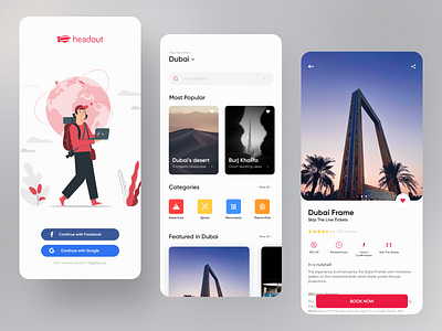 Headout App Redesign - Travel App android animation animation 2d app app design booking calender design portfolio red travel travel agency travel app traveling ui uiux userinterface ux vector illustration webdesign