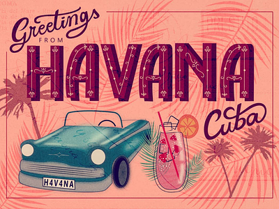 Havana classic cars cuba design dribbble prompt dribbbleweeklywarmup graphic design havana illustration palm trees postcard postcard design typography vintage postcard