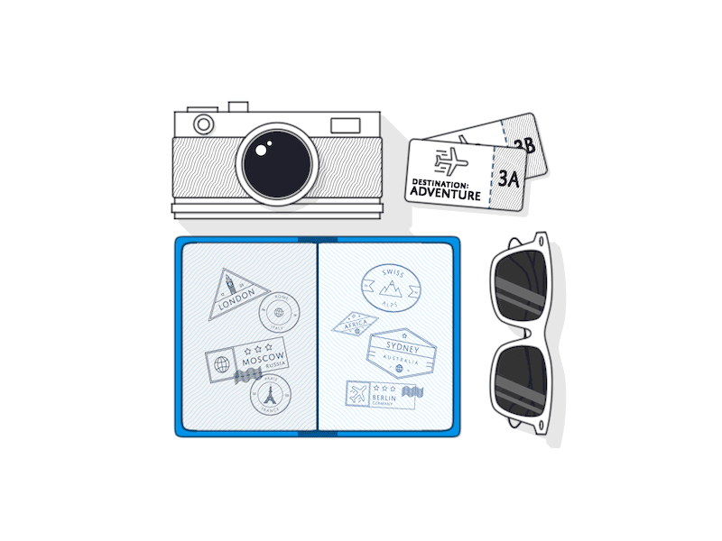 Passport to Adventure c4d camera cinema 4d icon line art passport sketch and toon sunglasses ticket travel