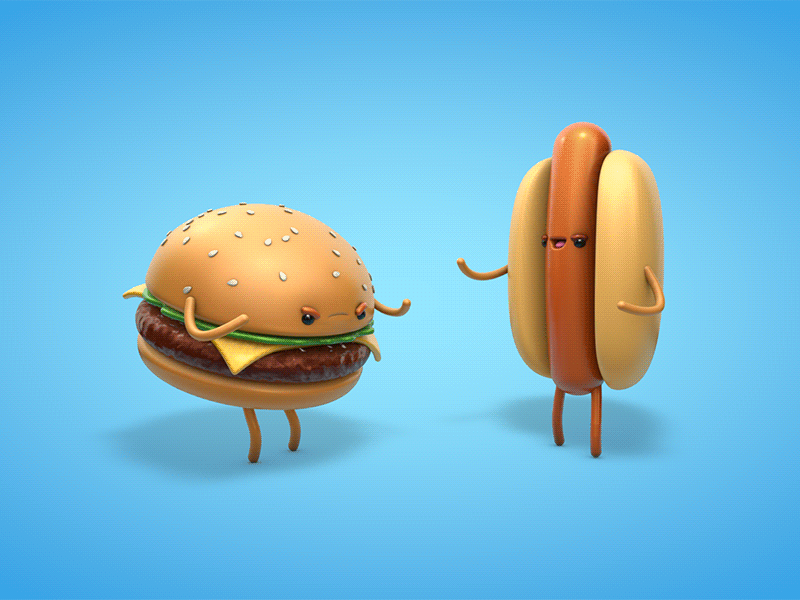 Food Fight! 3d animation c4d cheeseburger cinema 4d eyedesyn fight food gif hamburger hot dog mograph