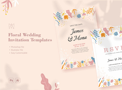 Floral Wedding Invitation Template Vol. 1 branding graphic design happy illustration invitation template wedding