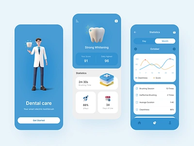 Dental care - smart toothbrush app 3d illustration app calendar dental health health app health care health tracking homescreen intent metrics plan report smart statistics tabs teeth toothbrush ui welcome screen