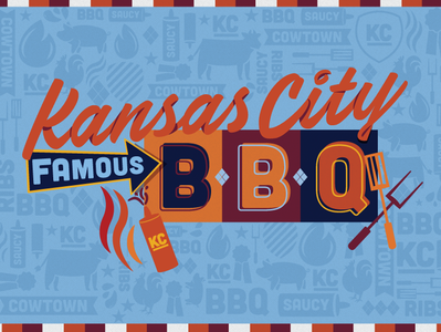 Kansas City BBQ lettering ribs saucy cowtown cooking fire pattern midwest food meat grill famous kc kansas city barbecue bbq