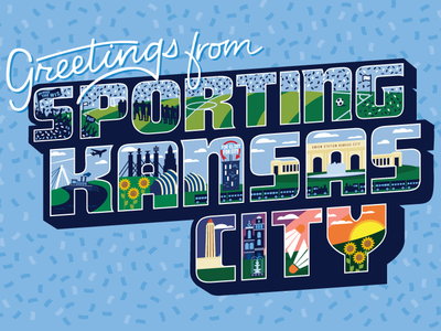 Greetings from Sporting KC skyline illustration midwest vacation confetti sporting kansas city sporting kc soccer sportingkc sporting icons city kansas city mail postcard greetings