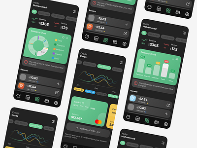 Budgeting App app app design application bank budgeting chart credit card dark design green light saving ui ux vector