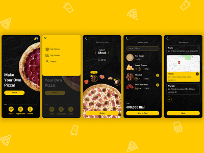 Pizza App app application bake black cook cooking delicious delivery design fastfood food food app iran make pizza pizzair ui uiux ux yellow