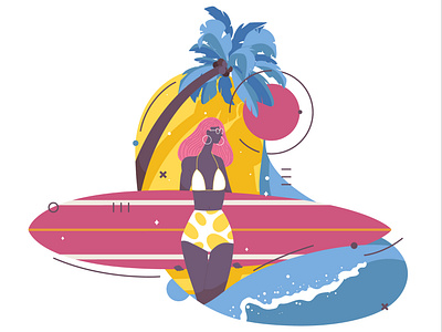 Surf girl character girl illustration one palm sport surf surfer tropical woman