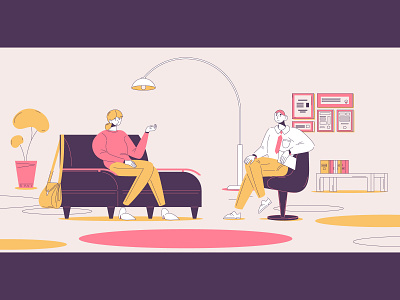 Psychotherapy colors consulting illustration interior outline pink psychotherapist psychotherapy purple scene yellow