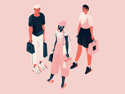 Isometric people black byuing character color consumers design fashion illustration isometric people pink retail vector