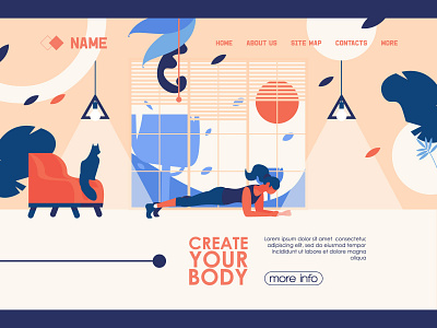 Create your body banner cat color design flat gym header illustration indoor interior landingpage plank sport sunset vector